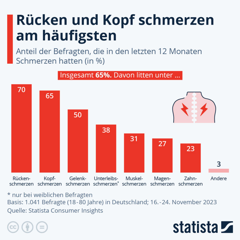 Infografik: Rücken und Kopf schmerzen am häufigsten | Statista